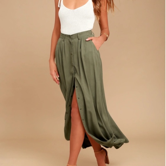 pistola Dresses & Skirts - Olive Green Snap Front Maxi Skirt